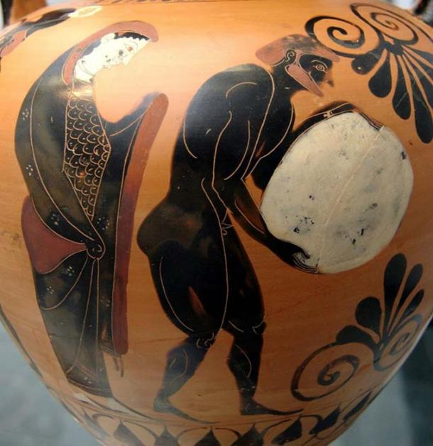 Persephone beaufsichtigt Sisyphos in der Unterwelt, schwarzfigurige Amphore (Vase) aus Attika, ca. 530 v. Chr., Staatliche Antikensammlungen. 