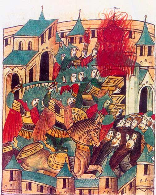 Am 16. Dezember 1237 n. Chr. belagerten die Mongolen das alte Rjasan mit Katapulten, und am 21. Dezember plünderten die Truppen des Kommandanten Batu Khan Rjasan. Nach der Zerstörung von Rjasan drang die Horde von Batu Khan in das Fürstentum Wladimir-Suzdal ein und plünderte weiter. Dieses Bild zeigt die Plünderung von Suzdal durch die Mongolen.