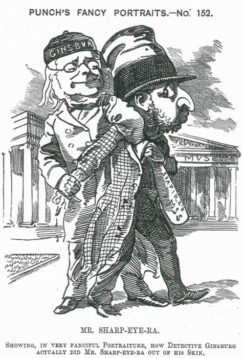 Punch-Magazin-Illustration zur Geschichte der Shapira-Schriftrolle, die zeigt, wie der erfahrene "Detective" C. D. Ginsburg die Oberhand über Sharp-Eye-Ra (Shapira) gewinnt. 