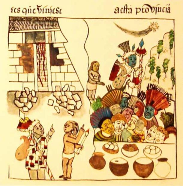 Das Bild zeigt Purépecha-Priester neben einem Pyramidenbau, wie dem in Tzintzuntzan