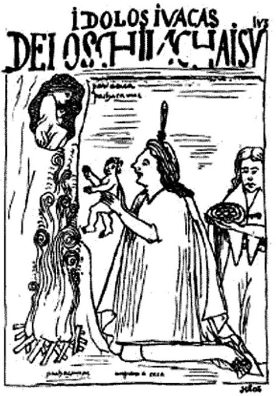 Illustration von Felipe Guaman Poma de Ayala (1615). Dieses Bild zeigt vielleicht das Ritual von Capacocha. Nationalbibliothek von Dänemark