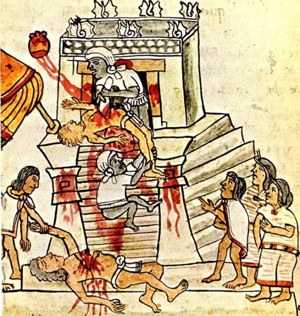 Rituelle aztekische Menschenopfer, dargestellt im Codex Magliabechiano. 