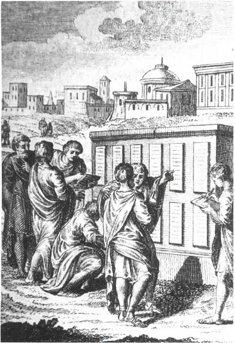 Römische Bürger lesen die Zwölftafelgesetze auf dem Forum Romanum.