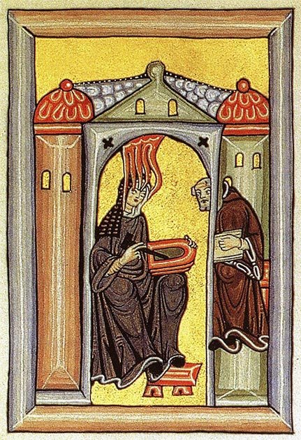 Die Scivias, die Hildegard von Bingen zeigt, wie sie eine Vision erhält, Volmar diktiert und auf einer Wachstafel skizziert.