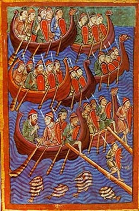 Seefahrende Dänen stellen die Invasion Englands dar. Illustration aus dem 12. Jahrhundert, Sammlung über das Leben von St. Edmund