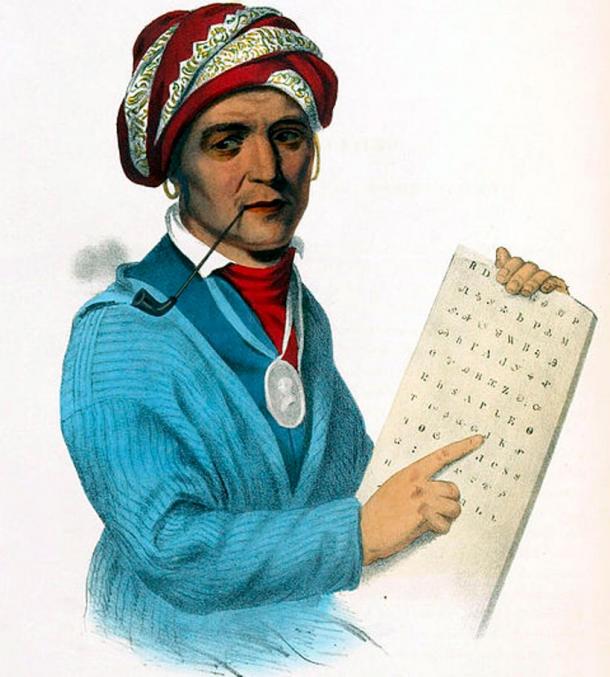 Sequoyah mit einer Tafel, auf der sein Schriftsystem für die Cherokee-Sprache dargestellt ist. Sequoyah war ein Cherokee, der jedoch im Gegensatz zu Tsali, der ein Traditionalist war, die neuen Wege einschlug.