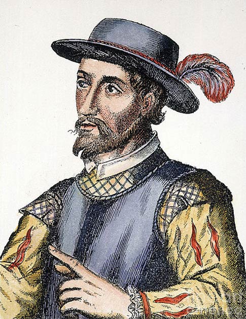 Spanischer Kupferstich (koloriert) von Juan Ponce de León aus dem 17. Jahrhundert.