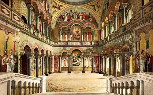 Thronsaal, Schloss Neuschwanstein, Oberbayern, Deutschland. Foto von Joseph Albert 1886, Postkarte veröffentlicht ca. zwischen 1890 und 1900. Detroit Publishing Co. Drucknr. 17479. (Public Domain)