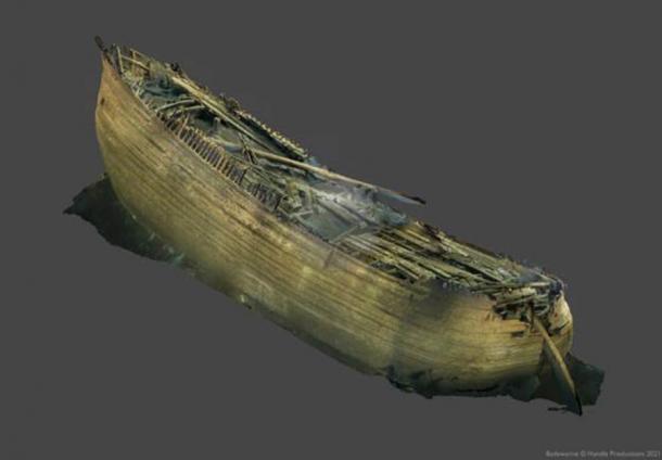 Ein fotogrammetrisches 3D-Modell des Ostseeschiffs, wie es auf dem Boden des Meeres gefunden wurde. Orthometrisches Projektionsmodell, erstellt mit der Software Metashape. 