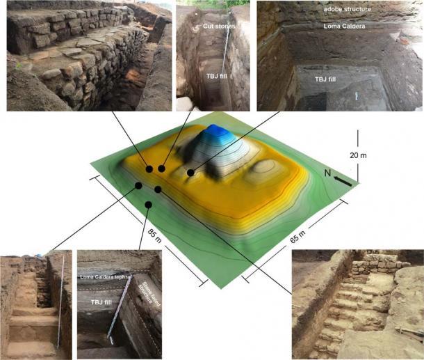 3D-Plan der Campana-Struktur, der zeigt, wo Ausgrabungen stattfanden, bei denen die steinerne Maya-Pyramide und Beweise für den Ausbruch der Tierra Blanca Joven in El Salvador im Jahr 539 n. Chr. freigelegt wurden.