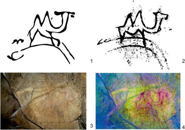 Eine angebliche paläolithische Abbildung eines „Riesenkamels“ in der Khoid Tsenkheriin Agui-Höhle, in der auch die Knochen einer ausgestorbenen Riesenkamelart gefunden wurden.