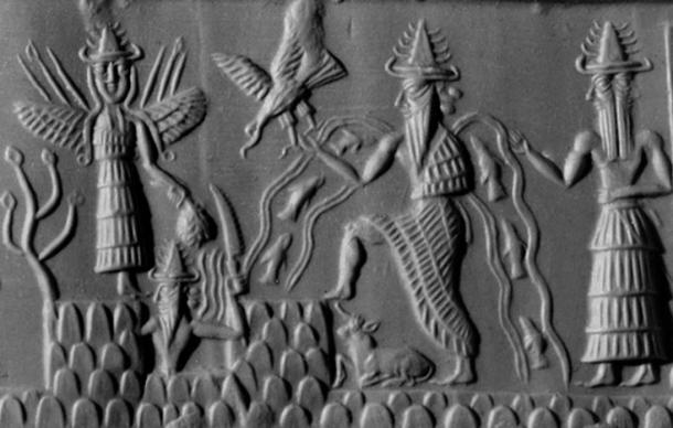 Akkadisches Zylindersiegel aus der Zeit um 2300 v. Chr. mit der Darstellung der Gottheiten Inanna, Utu und Enki, drei Mitglieder der Anunnaki.