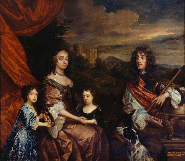 Anne (Mitte) und ihre Schwester Mary (links) mit ihren Eltern, dem Herzog (später König James II. und VII.) und der Herzogin von York, gemalt von Peter Lely und Benedetto Gennari II. in den Jahren 1668 bis 1670