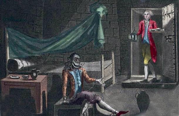 „L'Homme au Masque de Fer“ („Der Mann in der eisernen Maske“). Anonymer Druck (Radierung und Schabtechnik, handkoloriert) von 1789.
