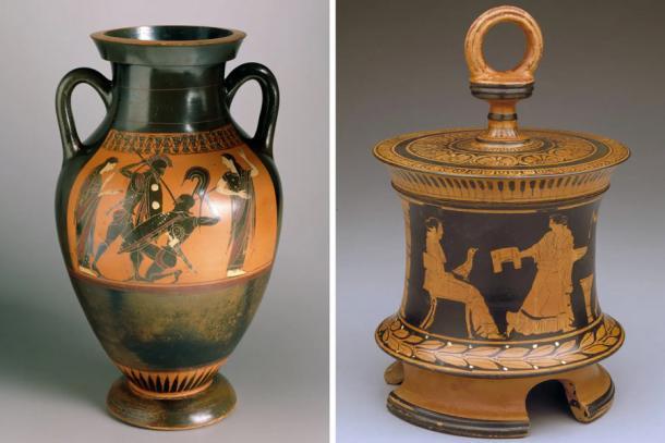 Zwei der Gegenstände, die im Dallas Museum of Art beschädigt wurden - eine schwarzfigurige Tafelamphore (links) und eine rotfigurige Pyxis mit Deckel (rechts) - sind antike Keramiken aus Griechenland.
