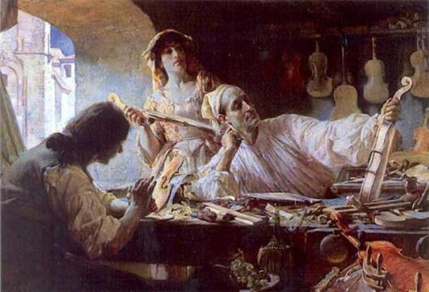 Antonio Stradivari, der legendäre italienische Geigenbauer und Handwerker, hatte ein Händchen für Streichinstrumente. Auf diesem Gemälde von Edgar Bundy (1862-1922) ist er in seinem Atelier abgebildet, flankiert von zwei Assistenten. 