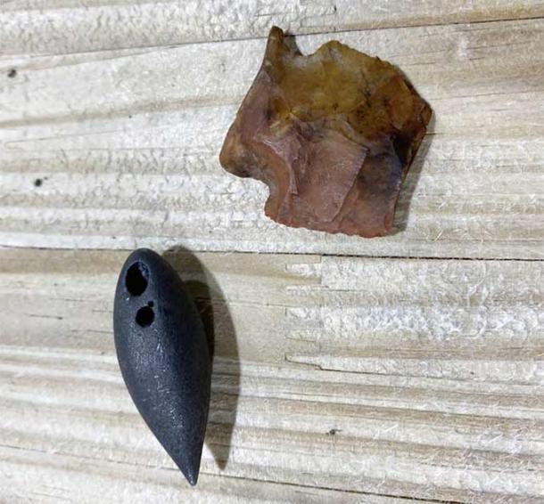 Die beiden Artefakte, die im Magen des Mississippi-Alligators gefunden wurden: die Atlatl-Pfeilspitze aus dem Jahr 6.000 v. Chr. (oben) und der schwarze Lotstein aus dem Jahr 1.700 v. Chr. (unten). 