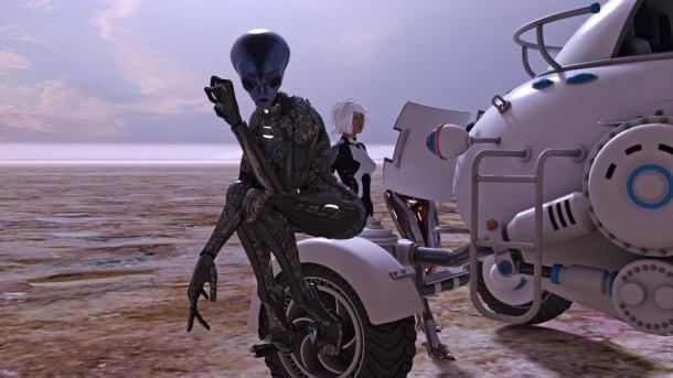 Ein Außerirdischer und ein Mensch stehen in der Nähe eines Weltraumbuggys, wobei der weibliche Mensch den Motor überprüft und ein Außerirdischer vorne auf dem Kotflügel des Buggys sitzt