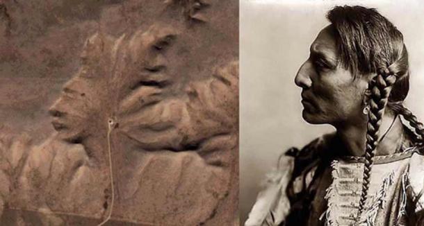 Der Badlands Guardian und eine indigene Person. Man geht allgemein davon aus, dass die Ähnlichkeit des natürlichen Merkmals mit einer indigenen Person mit Kopfbedeckung ein Beispiel für Pareidolie ist