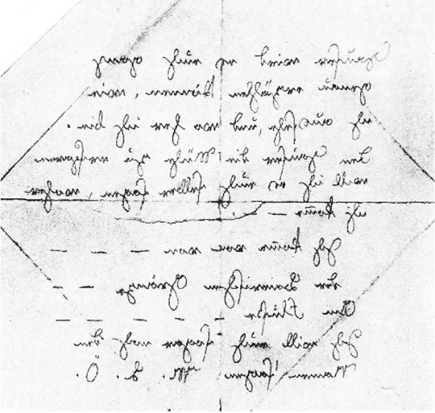Bleistiftnotiz in Spiegelschrift nach Kaspar Hausers Tod gefunden. 