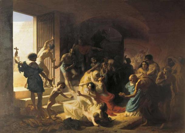 Christliche Märtyrer im Kolosseum, dargestellt von Konstantin Flavitsky. Eine der primären Informationsquellen über römische Hinrichtungen stammt von christlichen Schriftstellern, einer religiösen Gruppe, die von den Römern verfolgt wurde.