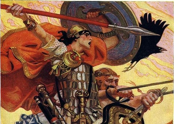 „Cú Chulainn Riding His Chariot into Battle“, Illustration von J. C. Leyendecker in T. W. Rolleston's Myths & Legends of the Celtic Race, 1911.