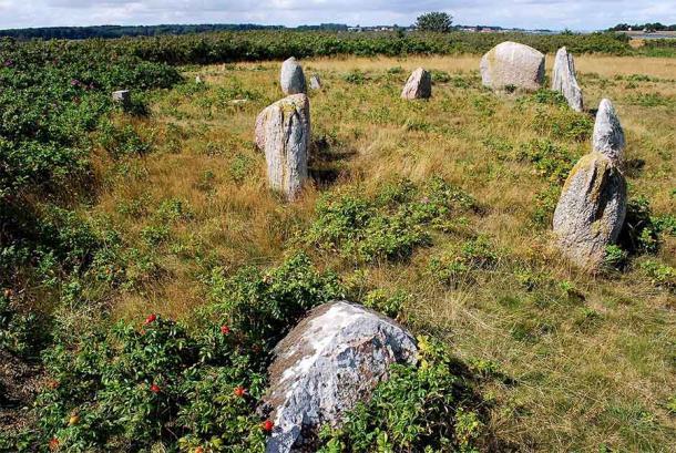 Die Schiffsgräber auf der Insel Hjarnø in Dänemark sind durch Grabsteine gekennzeichnet, von denen einige heute noch zu sehen sind