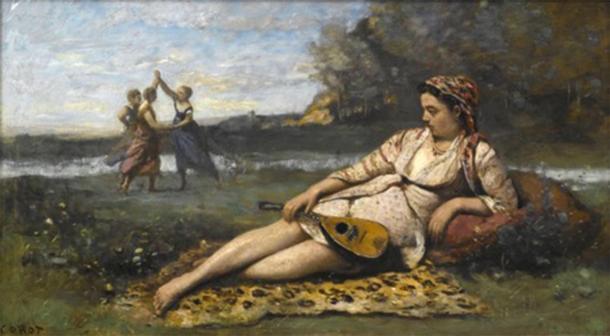 Darstellung spartanischer Frauen, die frei im Freien spielen, wobei die Frau im Vordergrund ein Instrument hält, das ihr Interesse an Musik und Kunst zeigt. Bei ihren griechischen Kolleginnen mag das anders gewesen sein. 