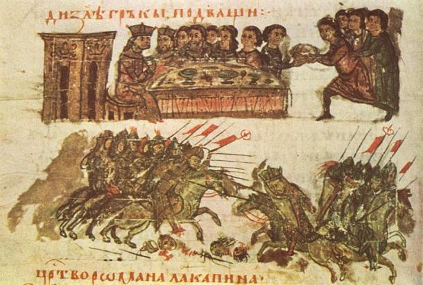 Illustration aus der Manasses-Chronik, die (oben) ein Fest in Konstantinopel zu Ehren von Simeon I. und (unten) einen bulgarischen Angriff auf die Byzantiner während der byzantinisch-bulgarischen Kriege zeigt.
