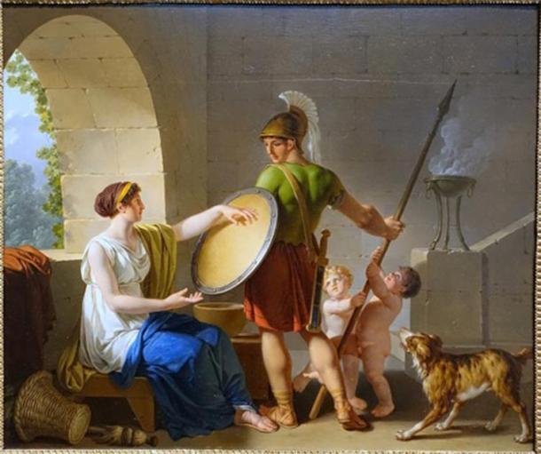 Darstellung einer spartanischen Frau, die einem ihrer Söhne einen Schild gibt, bevor er in den Krieg zieht, während sie sich um ihre anderen Kinder kümmert
