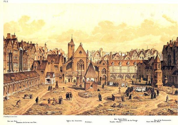 Kupferstich mit einer Darstellung des Friedhofs der Heiligen Unschuldigen in Paris, um 1550