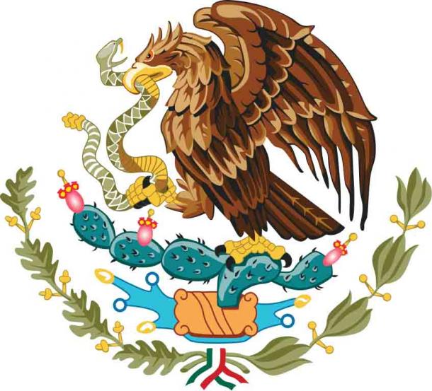 Das mexikanische Wappen zeigt einen goldenen Adler auf einem stacheligen Birnenkaktus, der eine Klapperschlange verschlingt.