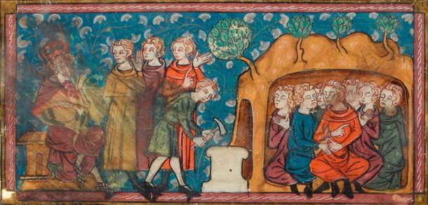 Decius befiehlt in einem Manuskript aus dem 14. Jahrhundert die Einmauerung der Sieben Schläfer