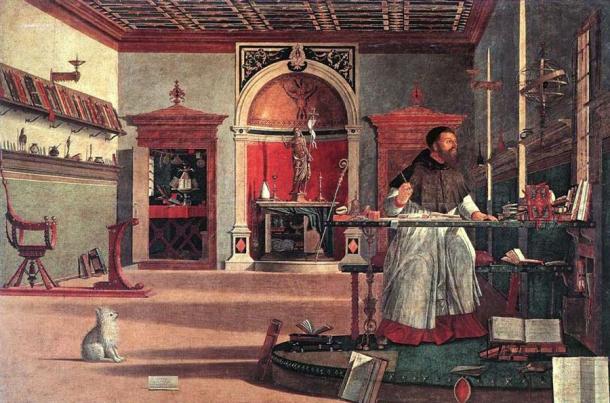Der geistige Vater der geistlichen Ehe, St. Augustinus, in seinem Arbeitszimmer.