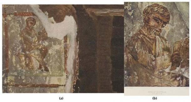 Detail der Abbildung Nr. 93. Sie zeigt ein Aquarell des Freskos des heiligen Petrus, das in der Kabine Nr. 58 der Katakomben der Heiligen Marcellinus und Petrus gefunden wurde. (b) Detail mit der Legende „Petrus mit Schriftrolle“. 
