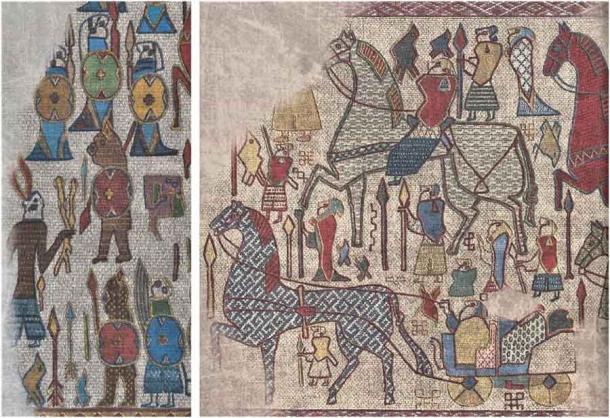 Details aus den Oseberg-Wandteppichfragmenten, die die Durchführung von Ritualen mit bewaffneten Frauen und anderen visuellen Elementen zeigen, die in den Gussfragmenten aus Ribe dargestellt sind. Bilder von Stig Saxegaard in Kooperation mit M. Veedeler, Museum für Kulturgeschichte UiO
