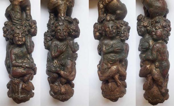 Die untere Hälfte des Schlüsselgriffs: Jugendliche 1 - 4 von links nach rechts. Dieses bemerkenswerte Artefakt wirft mehr Licht auf das römische Britannien und darauf, wie die Römer in Britannien mit „Verbrechern“ umgingen.