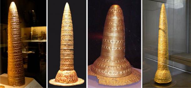Die vier Goldhüte. Von links nach rechts: Vienne, Frankreich (1844); Süddeutschland oder Schweiz (1996); Schifferstadt, Deutschland (1835); Ezelsdorf, Deutschland (1953).