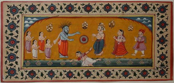 Durvasa (blau). Die Göttin Ganga im Wasser zu seinen Füßen