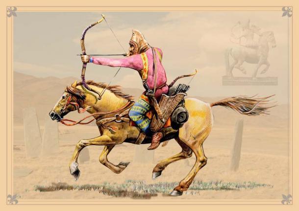 Ein skythischer berittener Bogenschütze auf einer historischen Illustration.