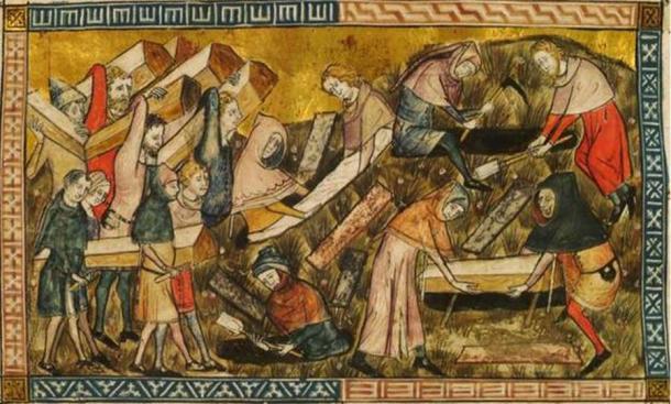 Die Einwohner von Tournai bestatten die Opfer der Pest, ca. 1353.