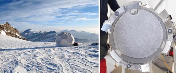 Links: Der Eiskernbohrplatz am Colle Gnifetti in der Schweiz. Rechts: Ein Ausschnitt des Eiskerns, der zur Entschlüsselung von Hinweisen auf die Klimakatastrophe von 536 verwendet wurde. 