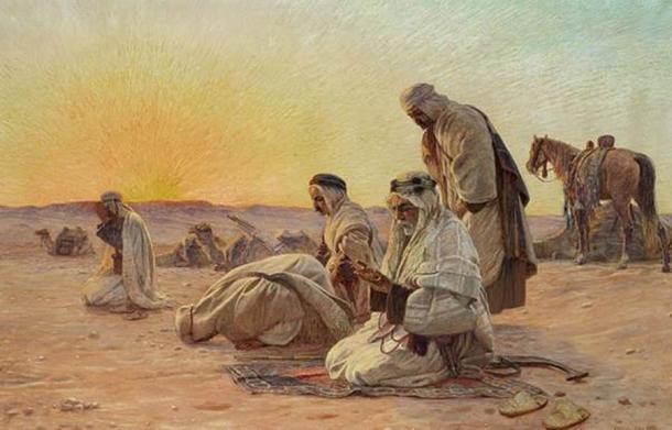 Essener Morgengebete, gemalt um 1936 von Otto Pliny. Es wird angenommen, dass die Essener besondere Gebete im Zusammenhang mit dem Sonnenaufgang hatten und dass sie Teil des Aufstiegs des Mastemas im jüdischen religiösen Leben gewesen sein könnten.