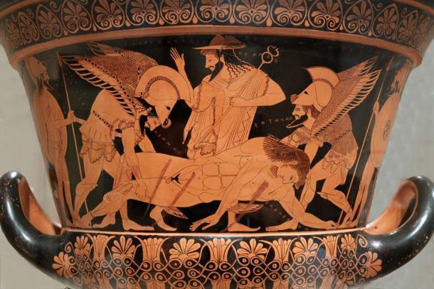 Die Vase des Euphronius, auf der der Leichnam Sarpedons dargestellt ist, der von Hypnos und Thanatos (den Göttern des Schlafes und des Todes) getragen wird, während Hermes zusieht.