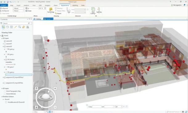Die exportierten Daten werden in ArcGIS PRO als Punkt-Shapefiles visualisiert. Der Pfad des Benutzers, der die virtuelle Umgebung des rekonstruierten pompejanischen Hauses erkundet, wird in der richtigen räumlichen Beziehung zum Originalgebäude angezeigt.