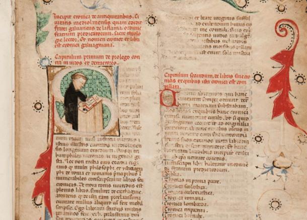 Fotografie einer Seite aus dem lateinischen Textmanuskript des italienischen Mönchs Galvano Fiamma aus dem 14. Jahrhundert. 