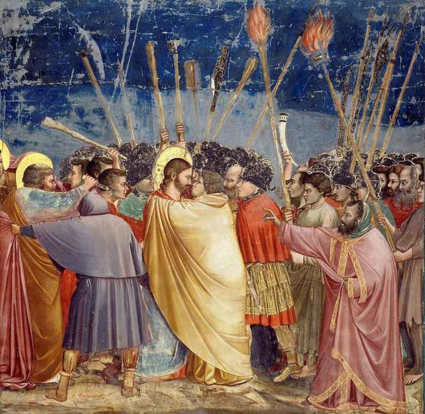Fresko von Giotto di Bondone, das die Verhaftung Christi und den Kuss des Judas zeigt