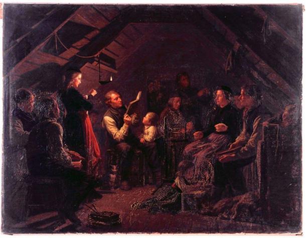 Gemälde einer isländischen Familie in Kvöldvaka, von August Schiøtt (1823 - 1895)