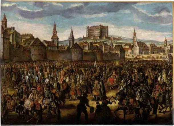 Seit 1526 war die Geschichte des Königreichs Böhmen eng mit der der Habsburger und des Heiligen Römischen Reiches verbunden. Dieses Gemälde zeigt die Krönung der einzigen Königin des österreichischen Reiches, Maria Theresia, im Jahr 1741. Sie wurde später zur Kaiserin des Heiligen Römischen Reiches.