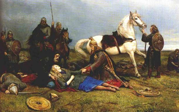 Wikinger mit ihren Pferden. Ein Gemälde von Peter Nicolai Arbo